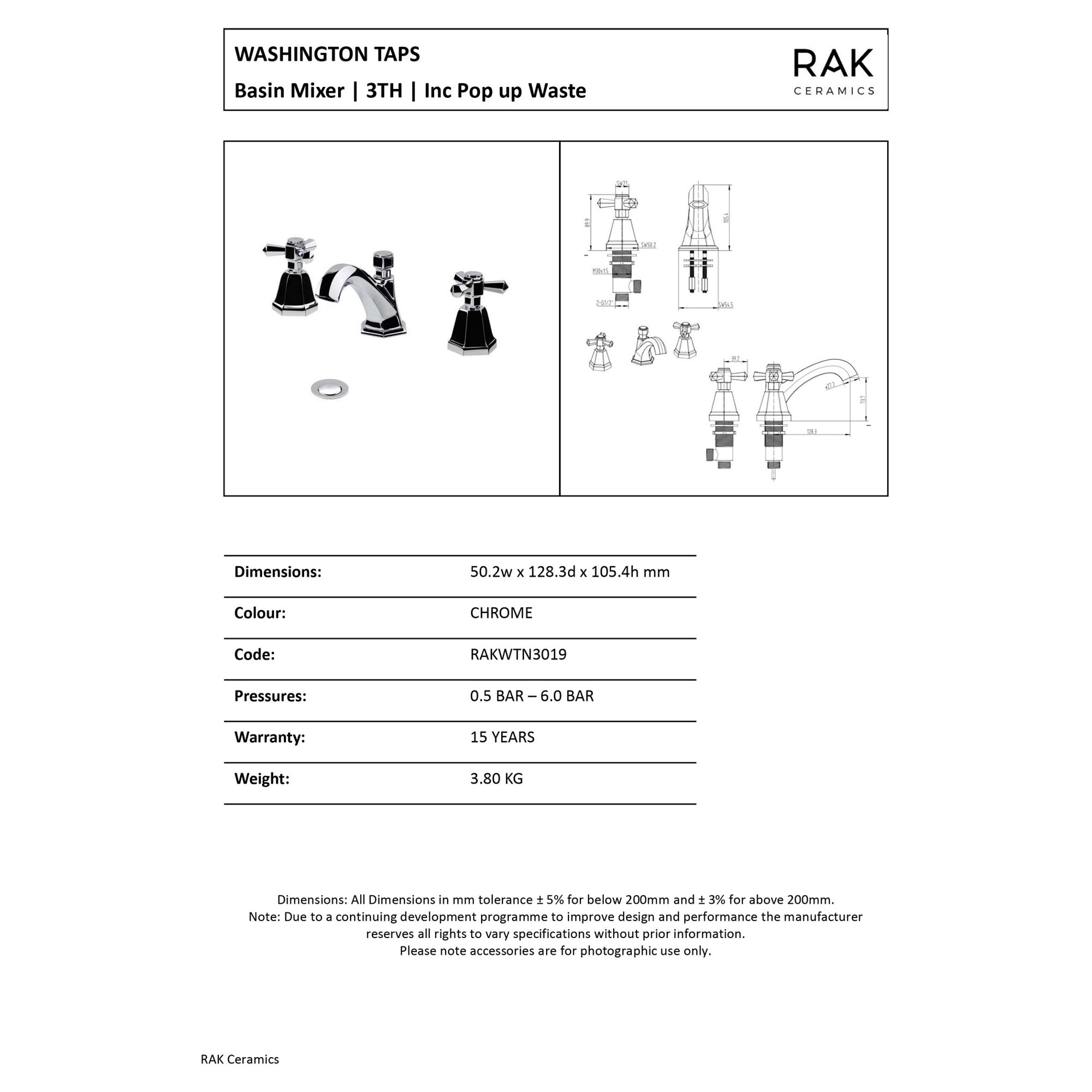 RAK Washington Traditional Polished Chrome 3-Hole Basin Mixer Tap with Pop-Up Waste