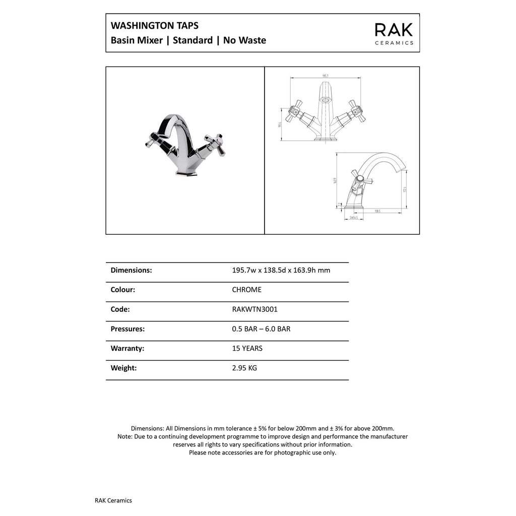 RAK Washington Traditional Basin Mixer Tap - Polished Chrome, Solid Brass, 1/4 Turn