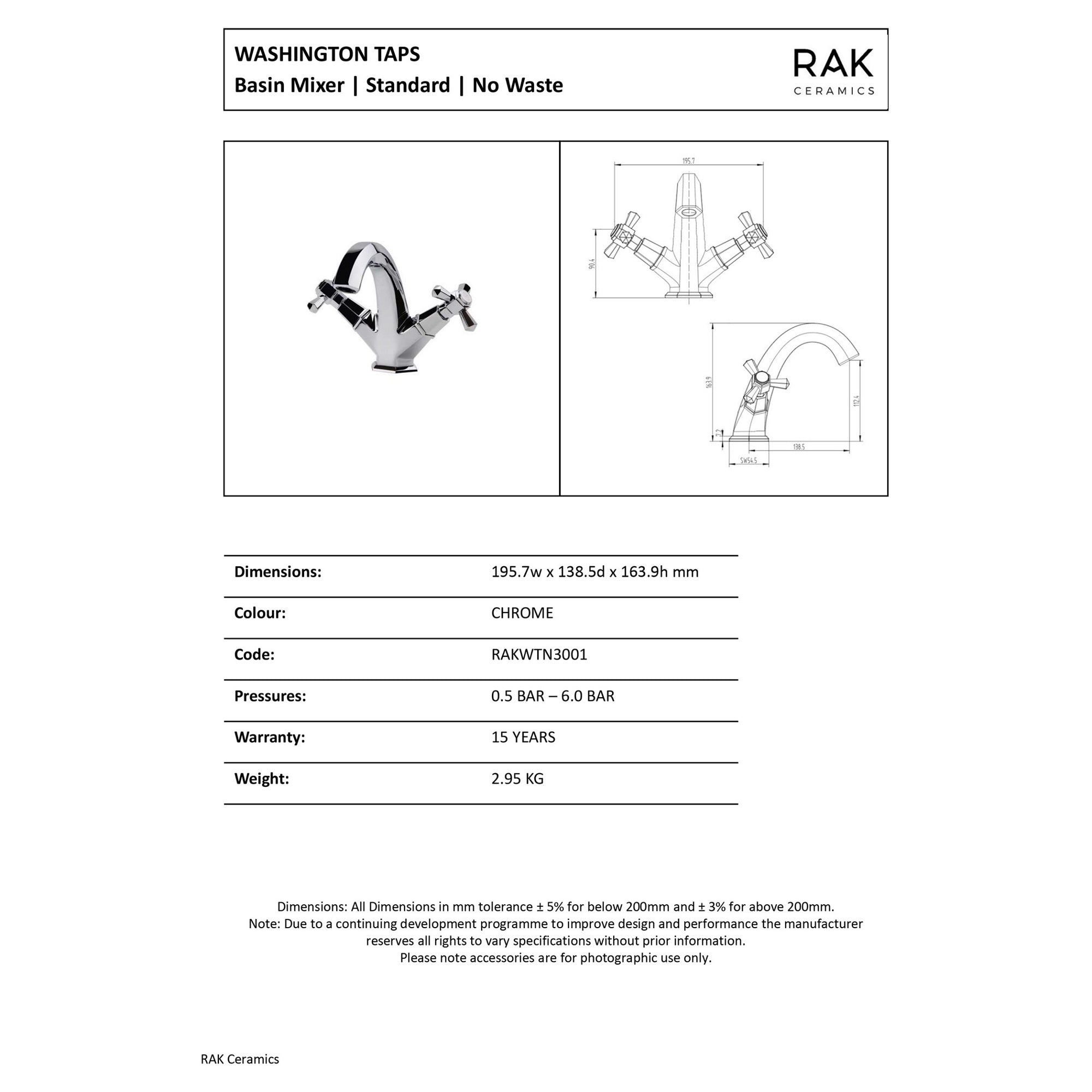 RAK Washington Traditional Basin Mixer Tap - Polished Chrome, Solid Brass, 1/4 Turn