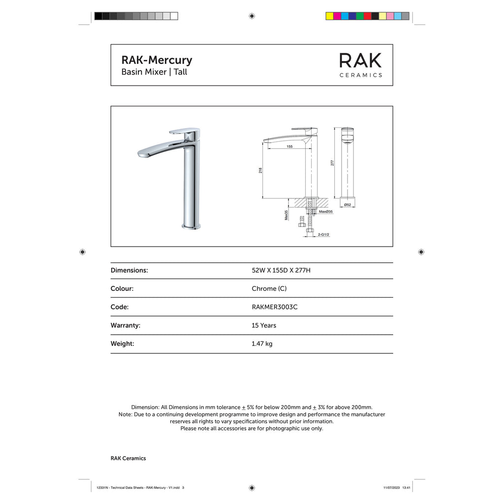 RAK Mercury Tall Basin Mixer Tap - Polished Chrome, Solid Brass Construction