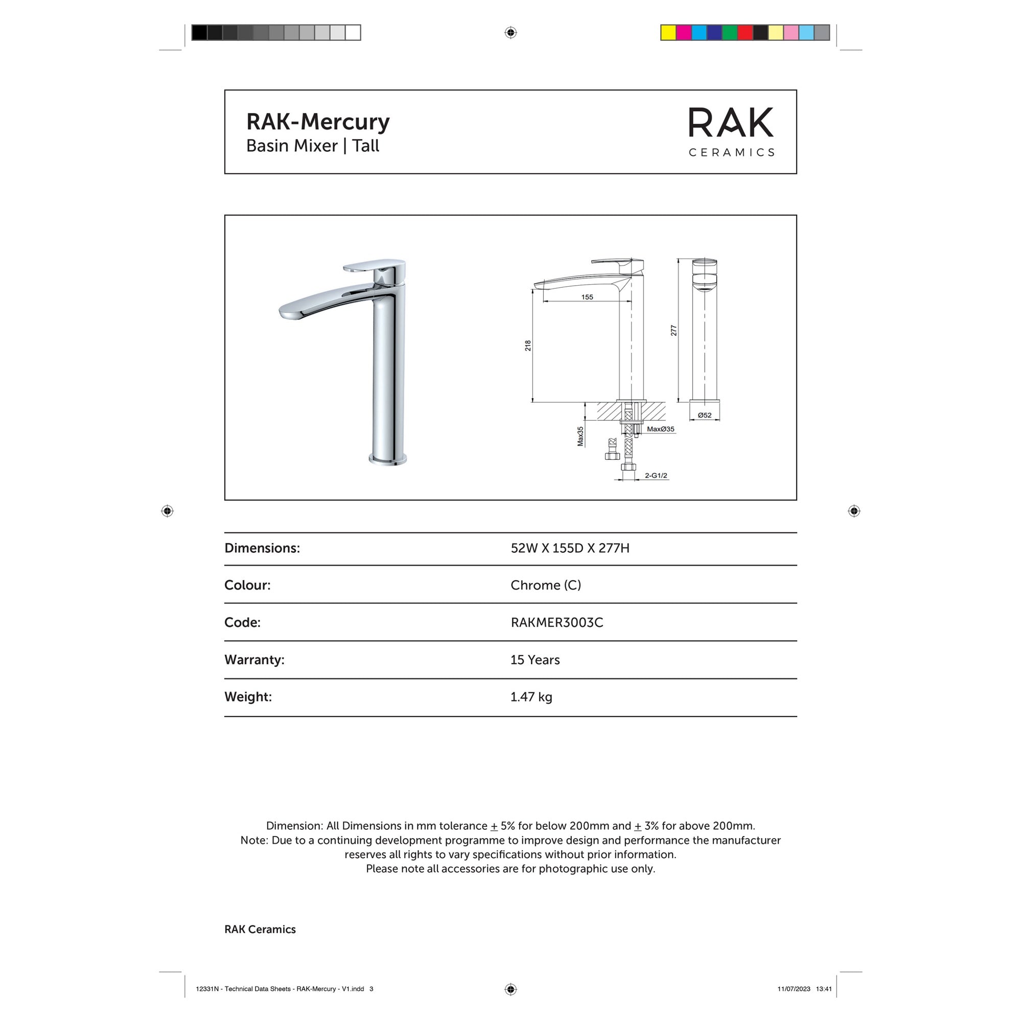 RAK Mercury Tall Basin Mixer Tap - Polished Chrome, Solid Brass Construction