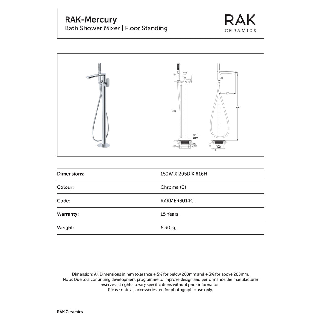 RAK Mercury Modern Floor Standing Bath Shower Mixer Tap - Polished Chrome, Solid Brass