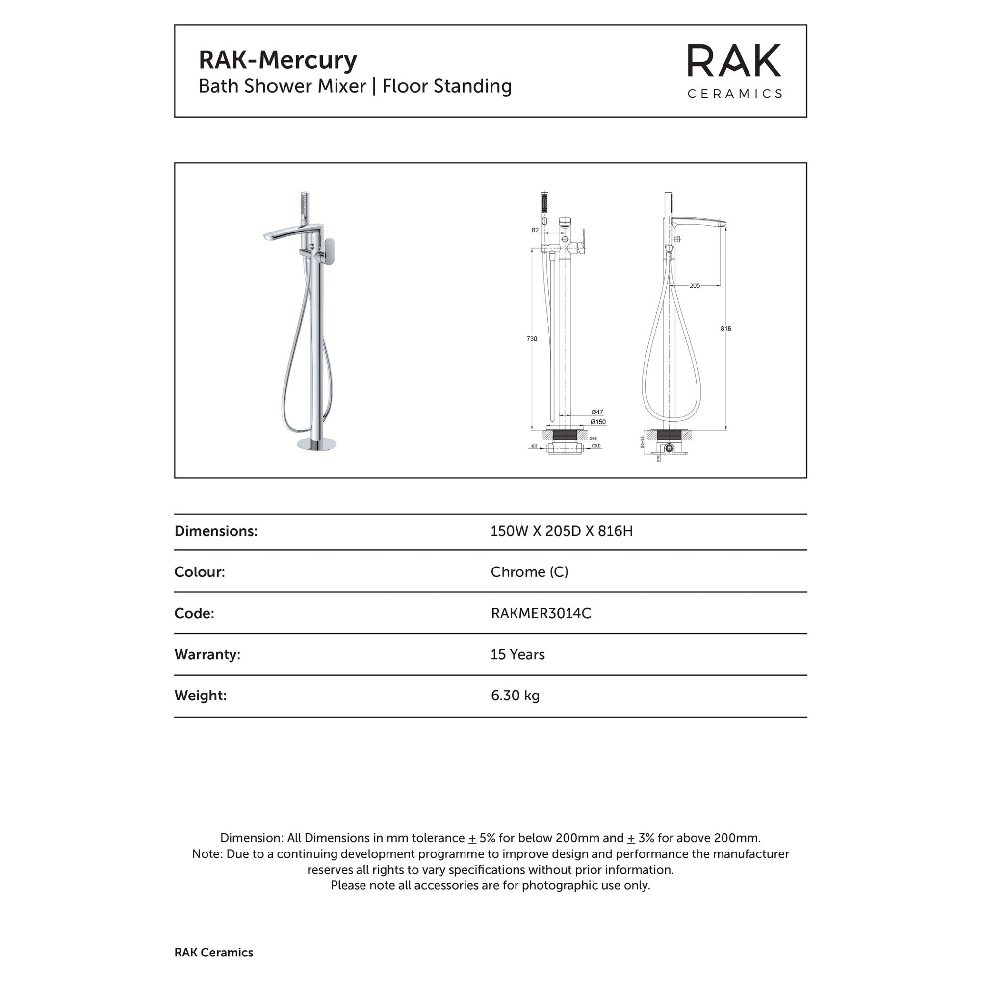 RAK Mercury Modern Floor Standing Bath Shower Mixer Tap - Polished Chrome, Solid Brass