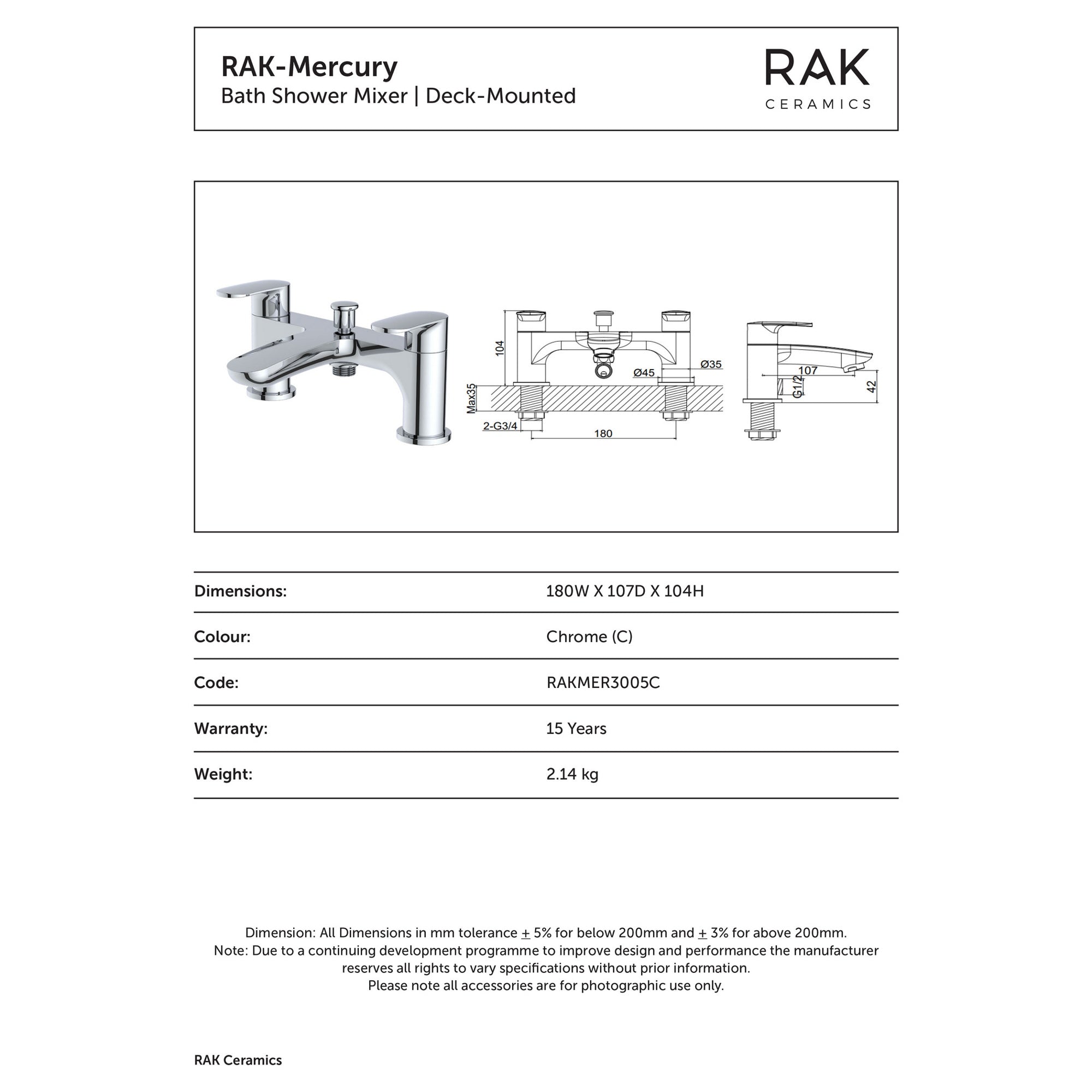 RAK Mercury Polished Chrome Bath Shower Mixer Tap with Shower Kit - Solid Brass, Modern Deck-Mounted Design