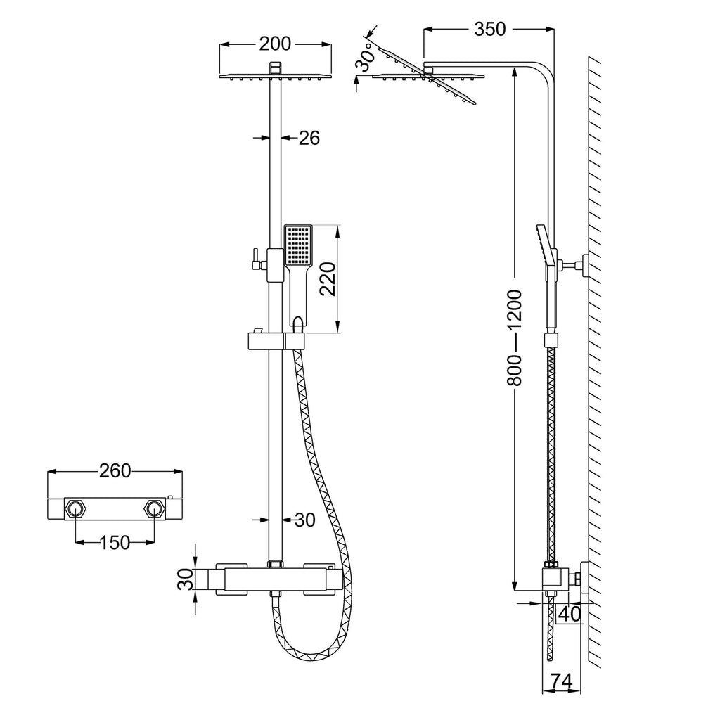 Modern Square Matte Black Exposed Thermostatic Mixer Shower Set With Shower Head and Handheld
