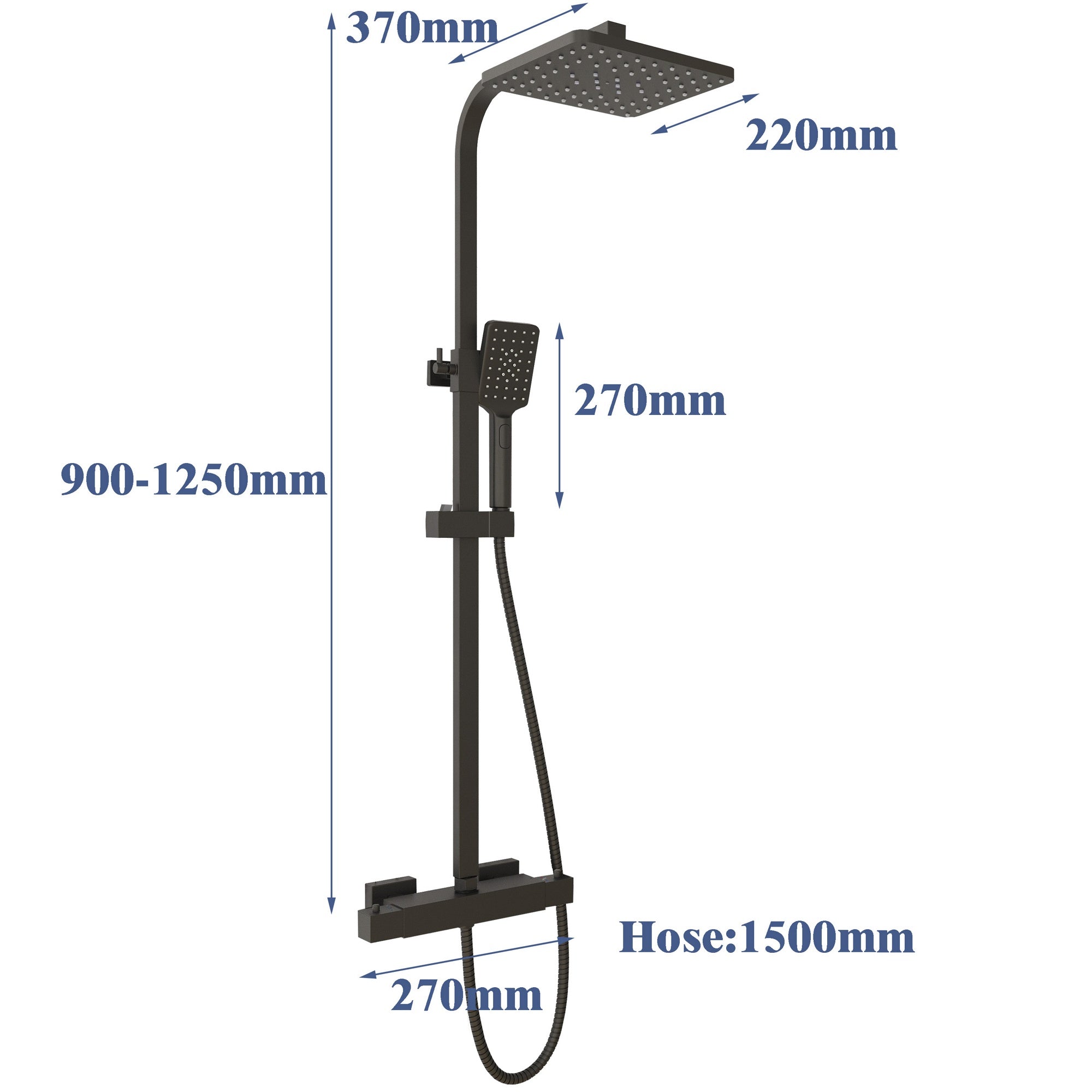 Matt Black Thermostatic Mixer Shower Set Square Black Twin Head Exposed Valve 220mm