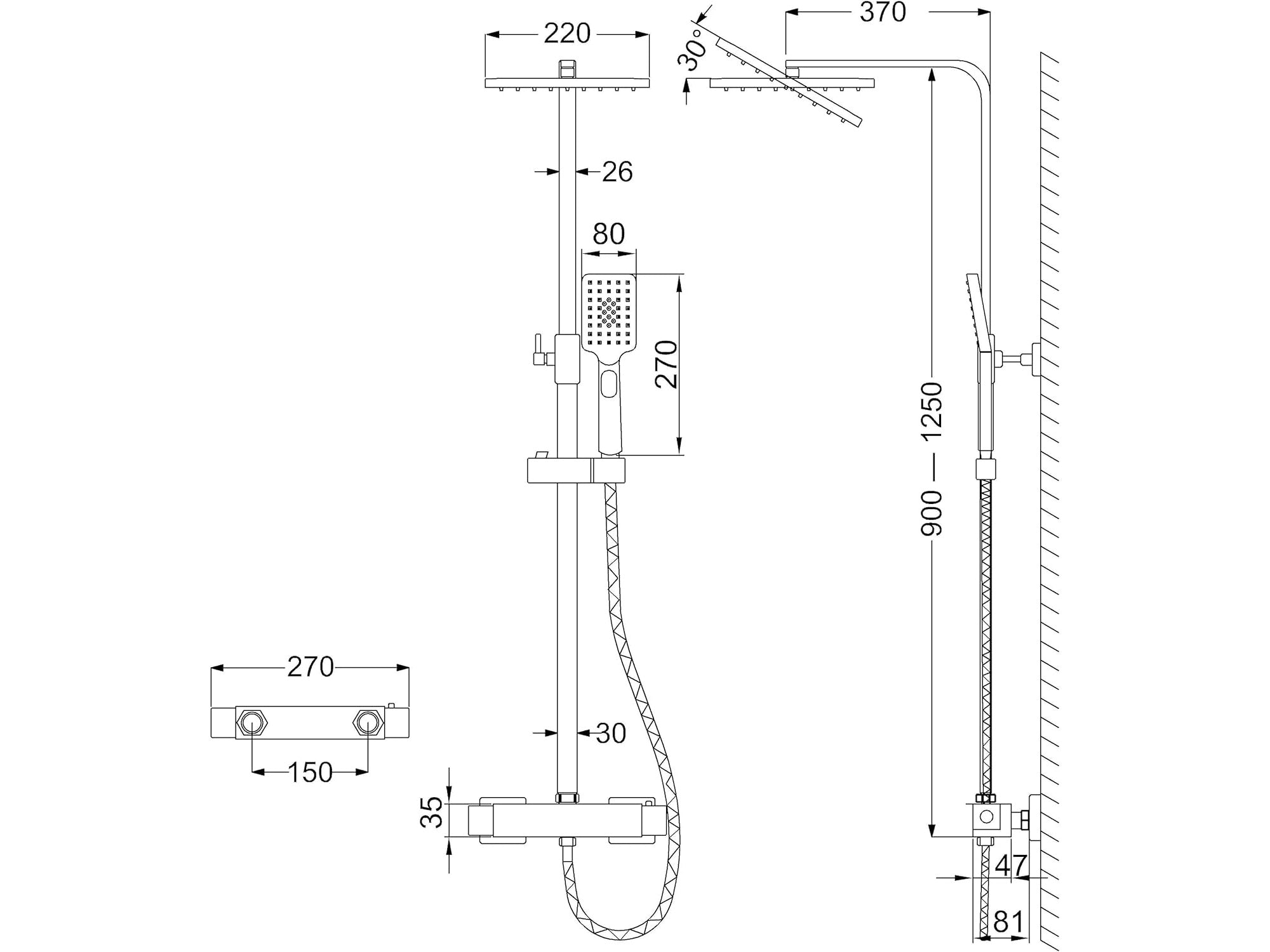 Matt Black Thermostatic Mixer Shower Set Square Black Twin Head Exposed Valve 220mm