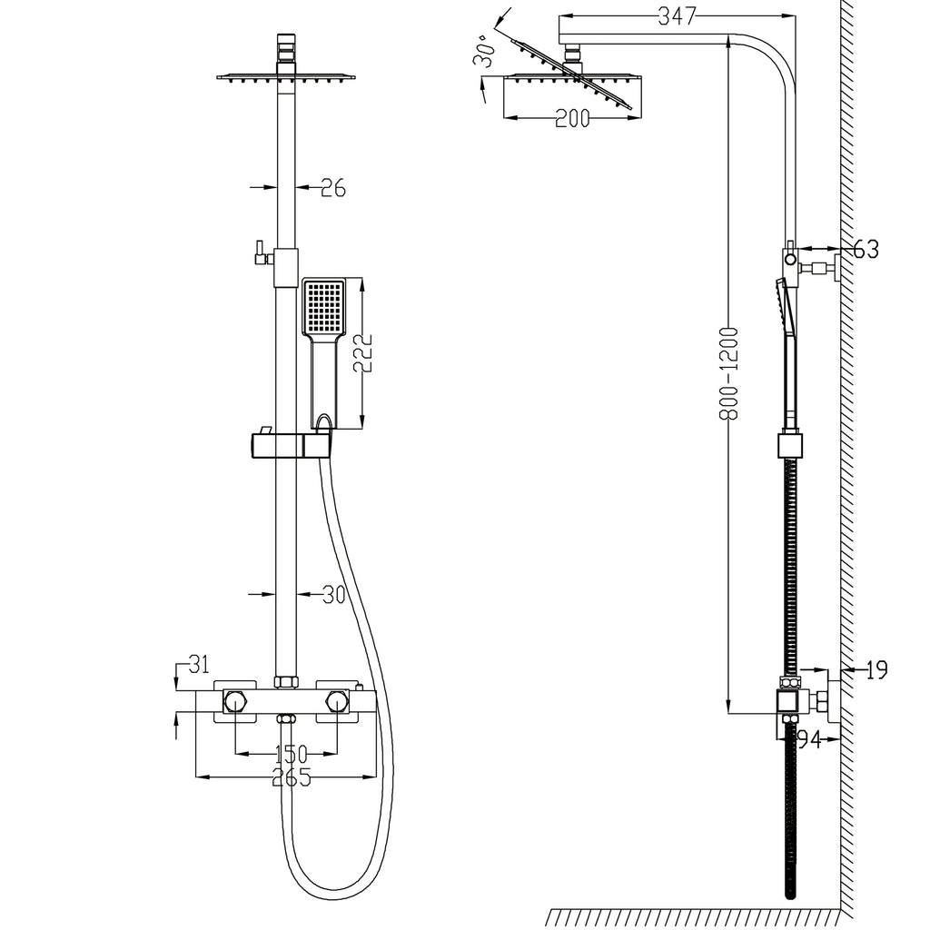 Modern Square Exposed Thermostatic Mixer Shower Set Shower Head and Handheld