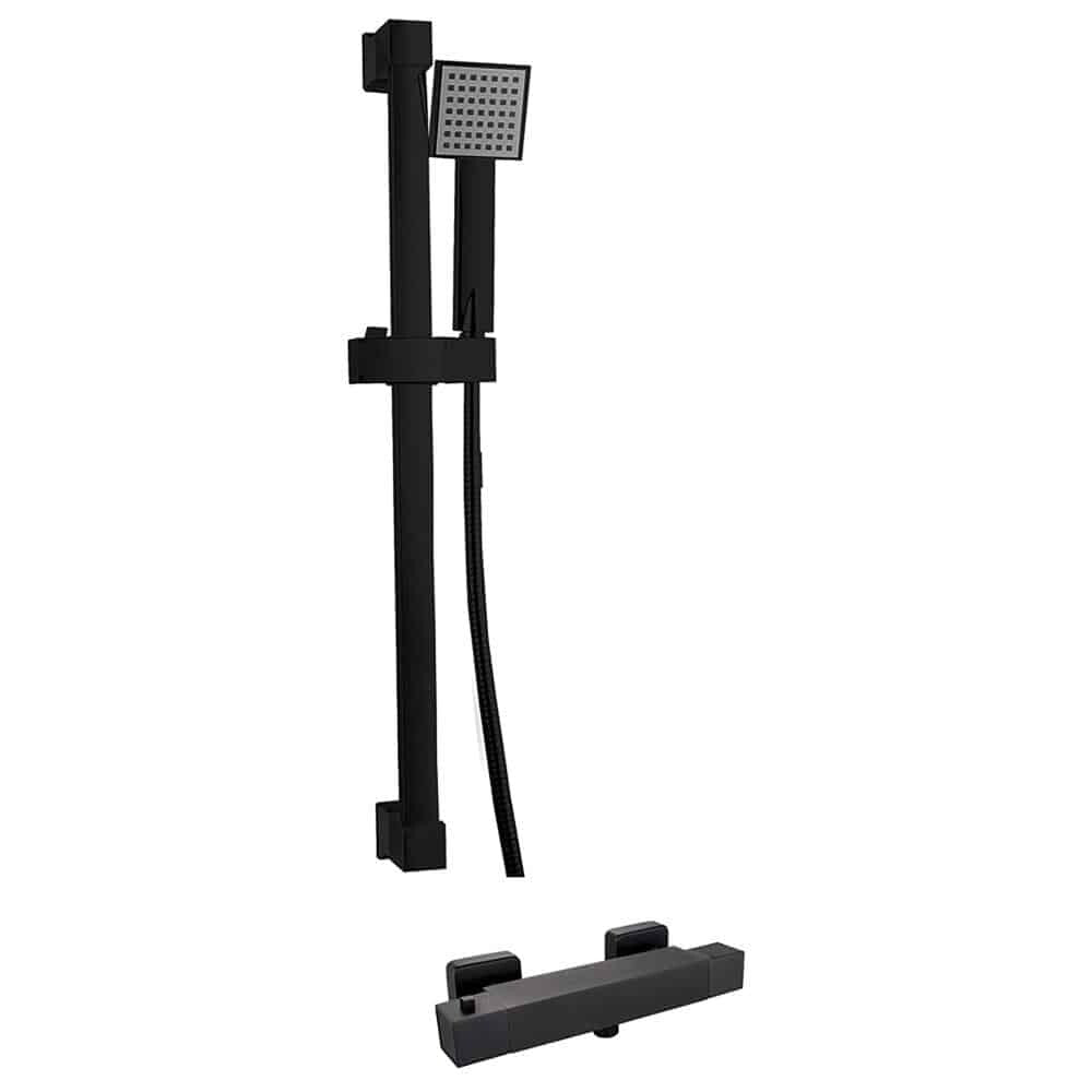 Black Square Exposed Wall Thermostatic Bar Shower Mixer with Riser Kit-0