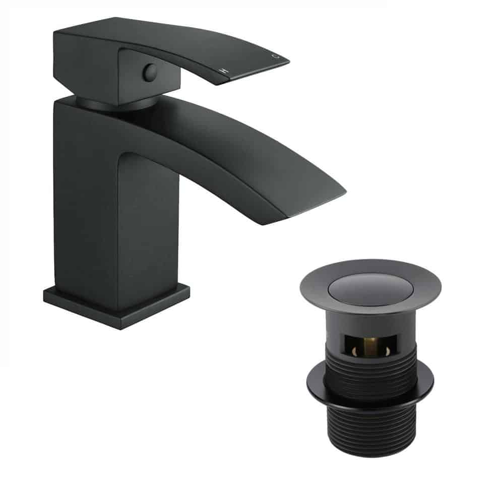Black Mini Lucia Mono Basin Mixer Tap Incl Clicker Waste-0