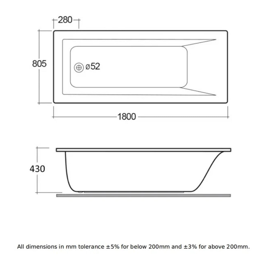 RAK Metropolitan Rectangular Single Ended Bath - 1800mm x 800mm - White
