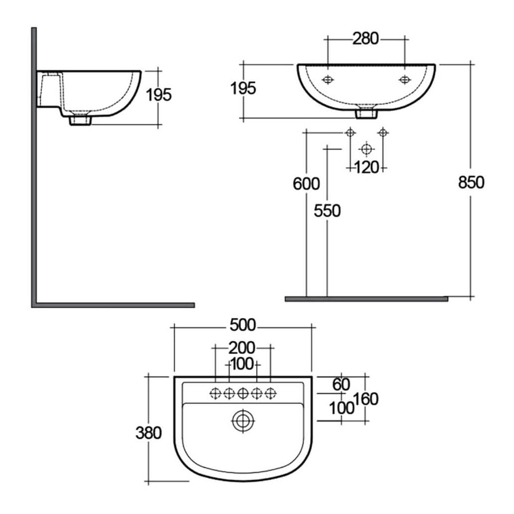 RAK Compact Special Needs Cloakroom Wall Hung Basin - 500mm Wide - 0 TH - Alpine White