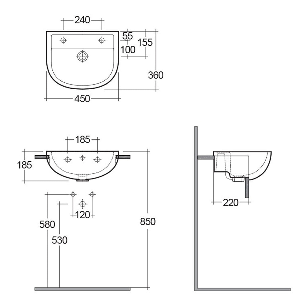 RAK Compact Semi Recessed Basin - 450mm Wide - 2 TH - Alpine White