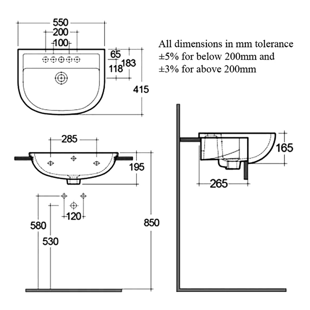 RAK Compact Semi-Recessed Basin - 550mm Wide - 2 TH - Alpine White