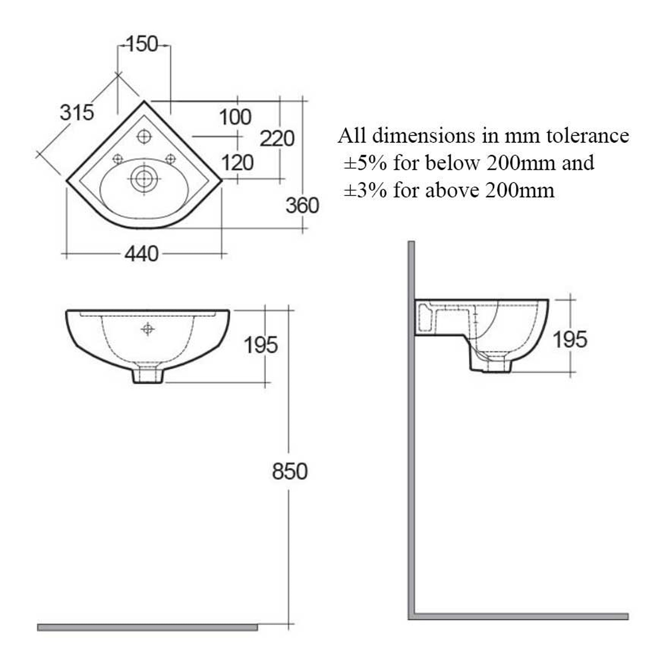 RAK Compact Corner Wall Hung Basin - 440mm Wide - 1 TH - Alpine White