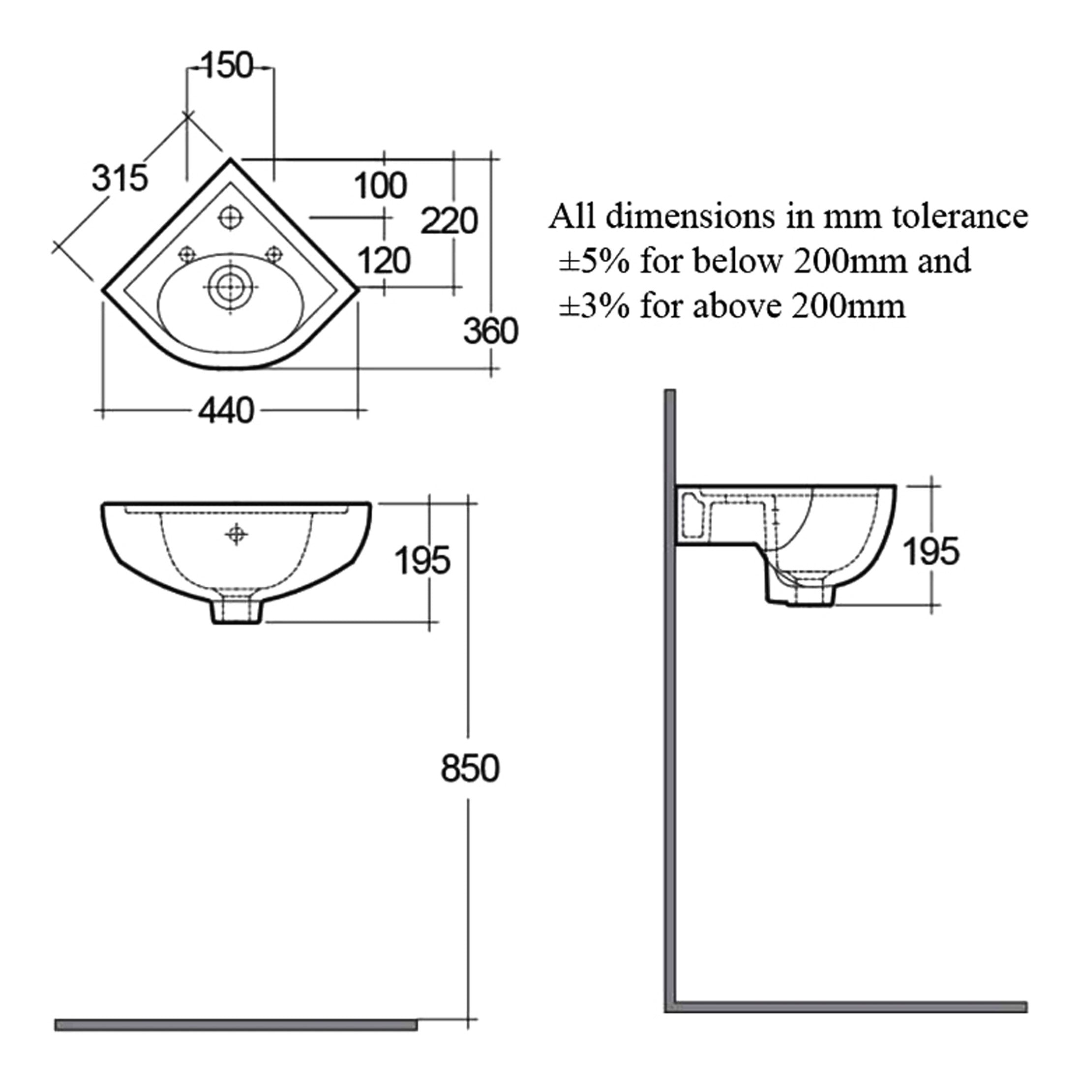 RAK Compact Corner Wall Hung Basin - 440mm Wide - 2 TH - Alpine White