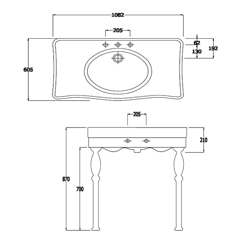 RAK Console Alexandra Deluxe Basin With Ceramic Legs - 1050mm Wide - 1 TH - Alpine White