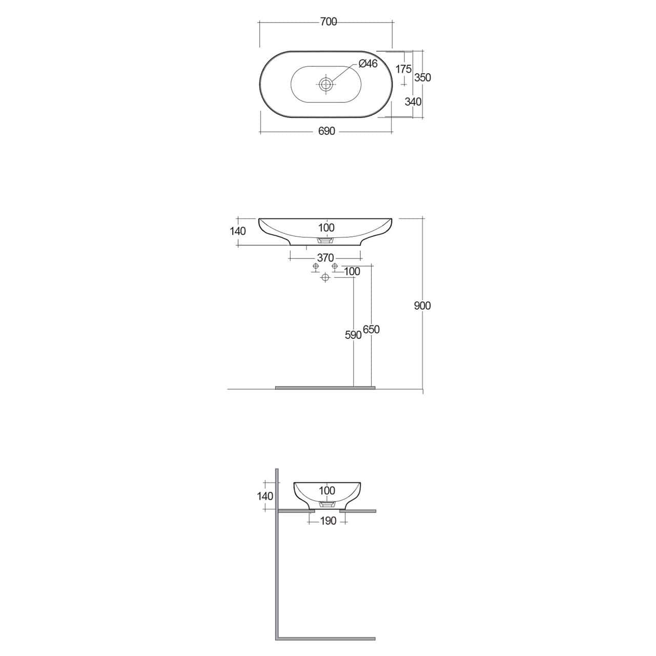 RAK Des Sit-On Countertop Basin - 700mm Wide - 0 TH - Alpine White
