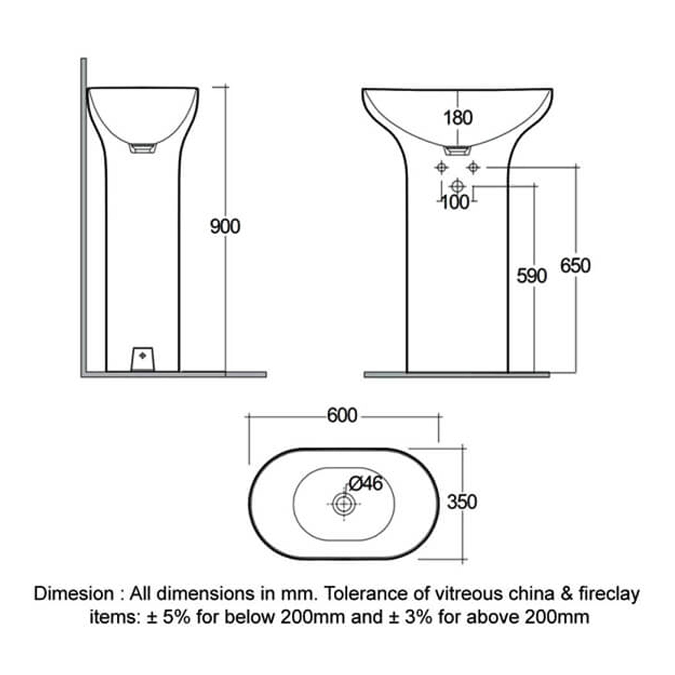 RAK Des Freestanding Basin - 600mm Wide - 0 TH - Alpine White