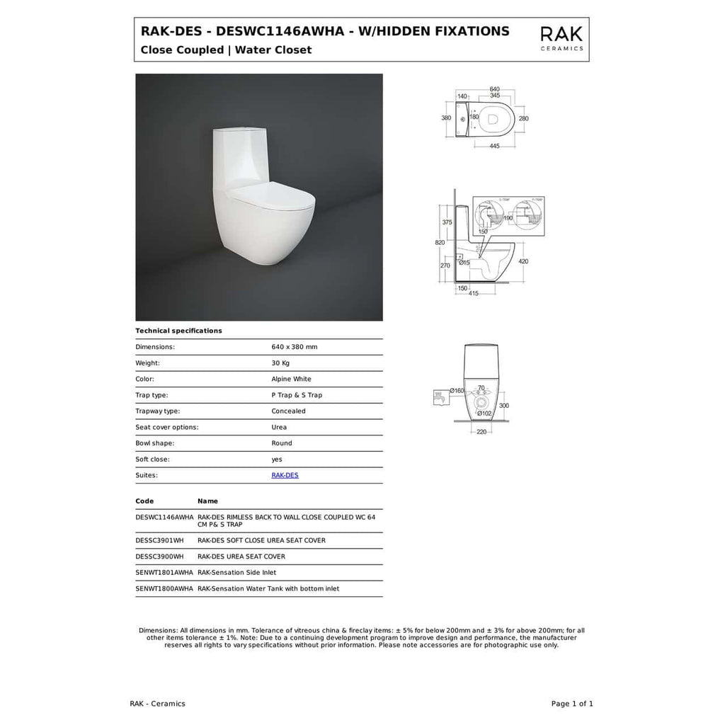 RAK Des Soft Close Toilet Seat And Cover - Alpine Alpine White