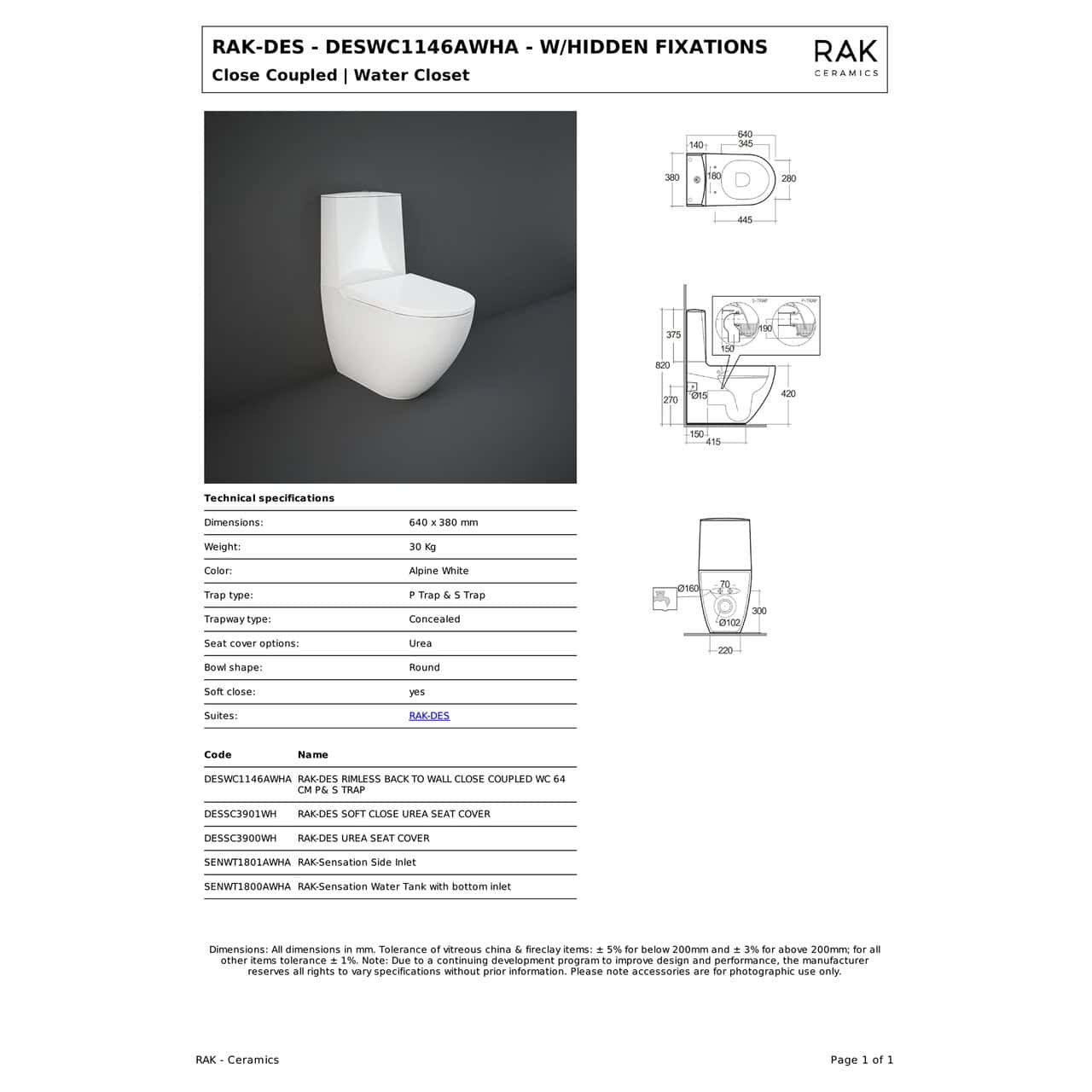 RAK Des Soft Close Toilet Seat And Cover - Alpine Alpine White