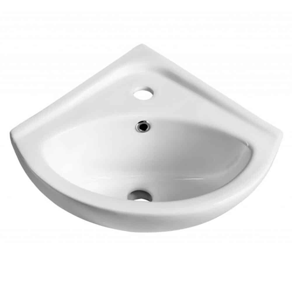 Wall Hung Corner Basin & Brushed Brass Basin Tap, Waste & Bottle Trap-14371