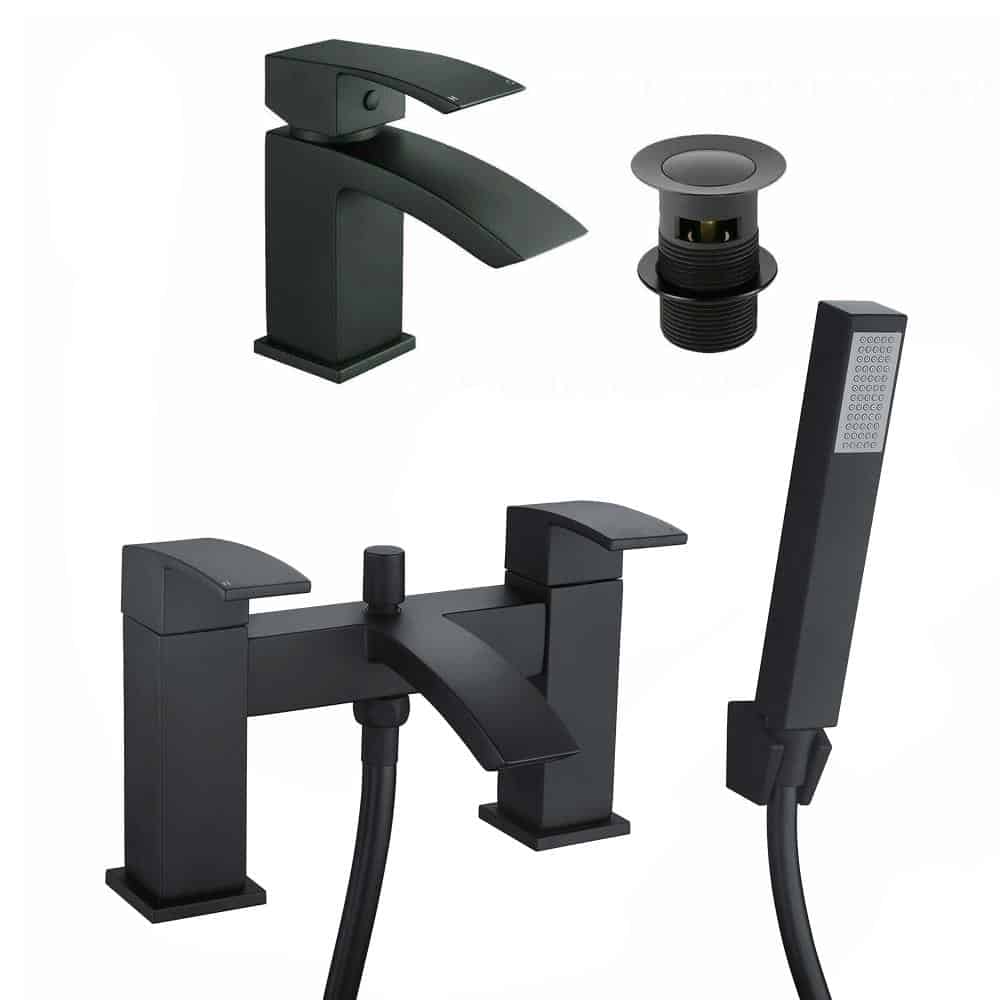 Matt Black Bathroom Tap Set Shower Mixer Tap Incl Hose & Handset (Lucia)-12722