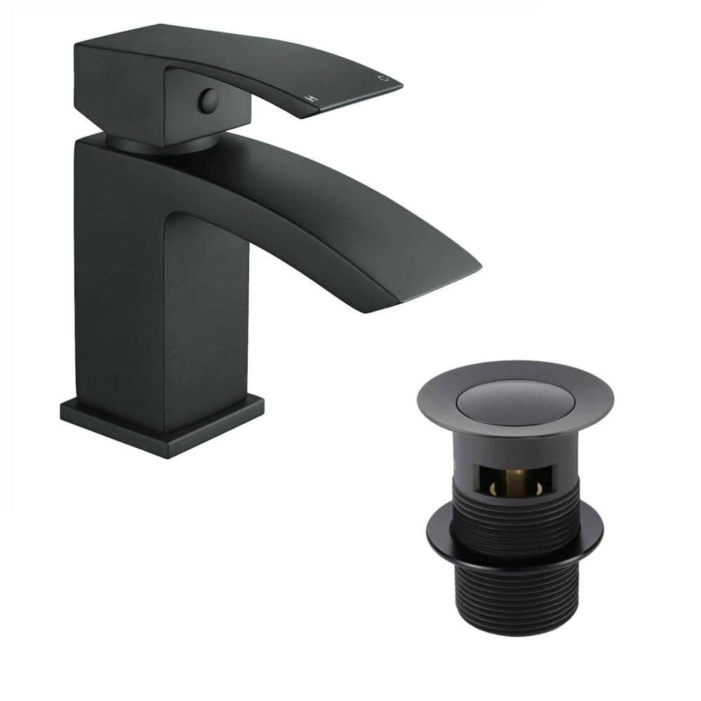 Black Matt Waterfall Basin & Bath Filler Tap Lever Square Deck Mounted Modern-14842