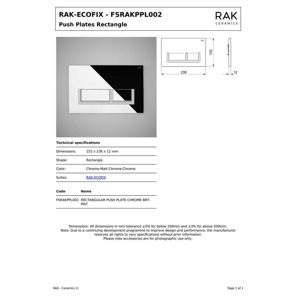 RAK Ecofix Rectangular Dual Flush Plate - Matt Chrome