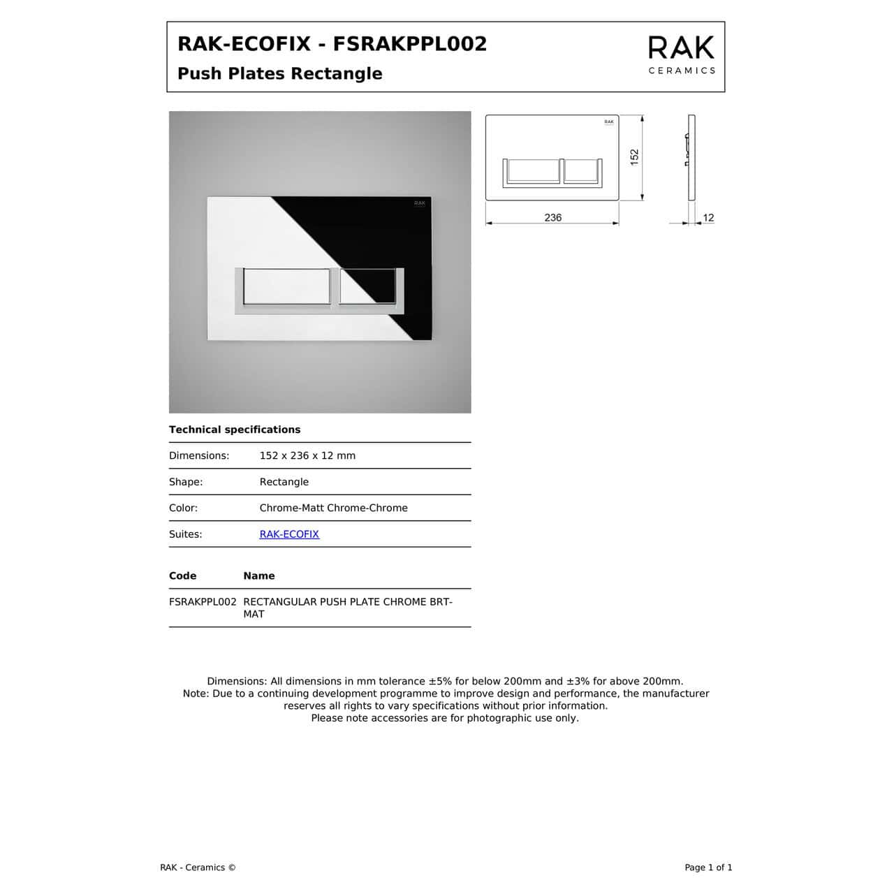 RAK Ecofix Rectangular Dual Flush Plate - Matt Chrome