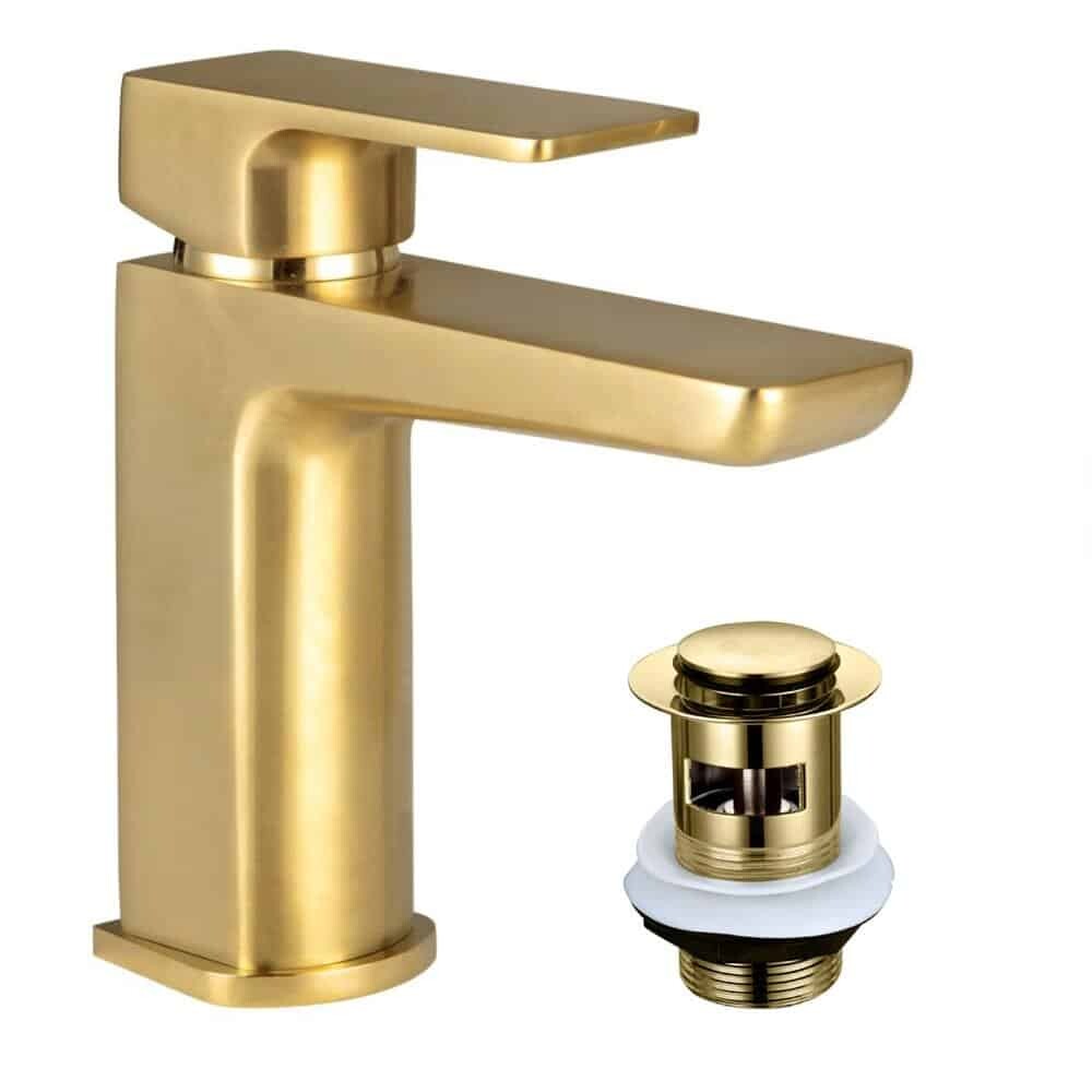 Brushed Brass Shower Kit Rigid Riser Over Head Rainfall & Brushed Brass Basin Tap, Bath Filler Mixer & Bath Waste Pack-14682