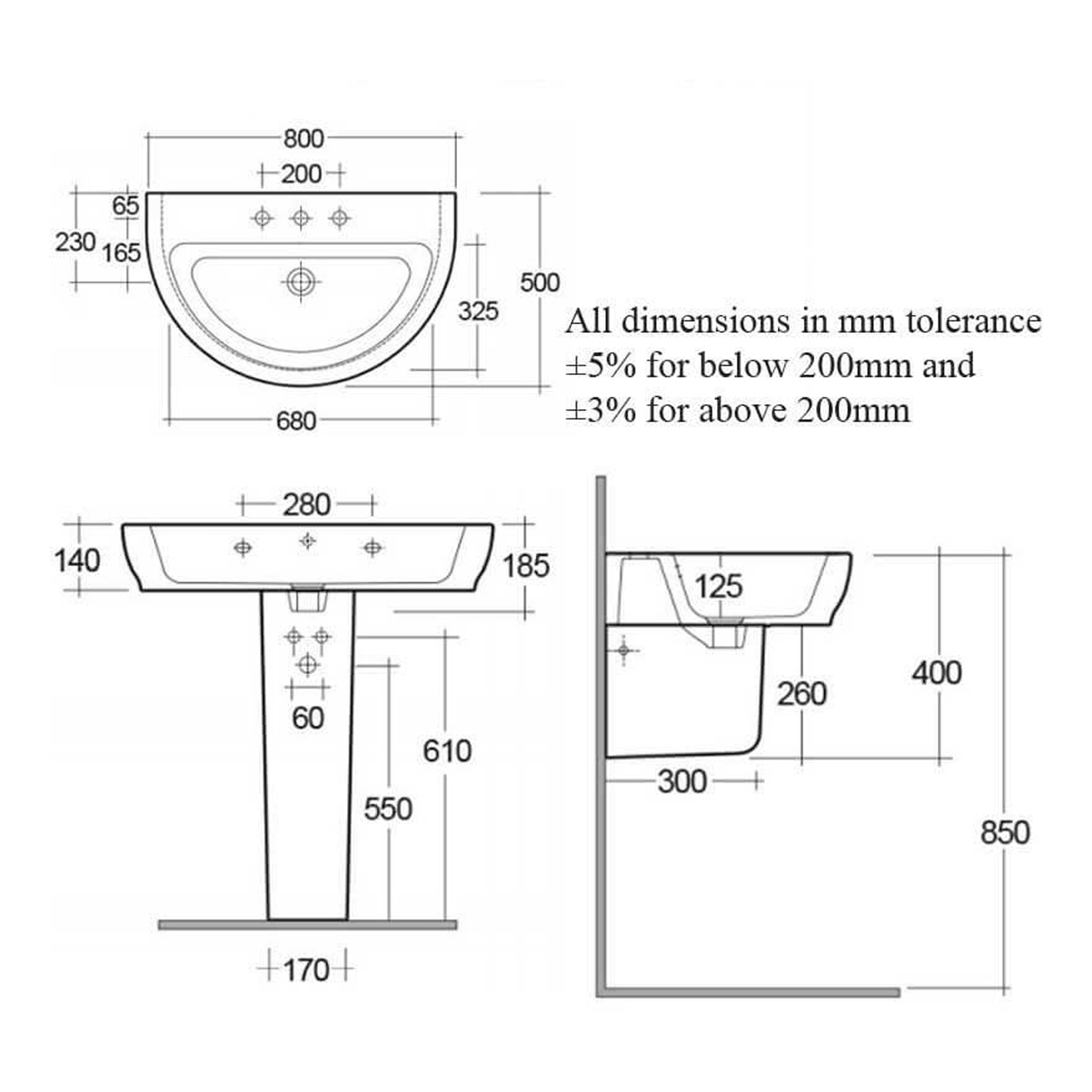 RAK Moon Basin With Full Pedestal - 800mm Wide - 1 TH - Alpine White