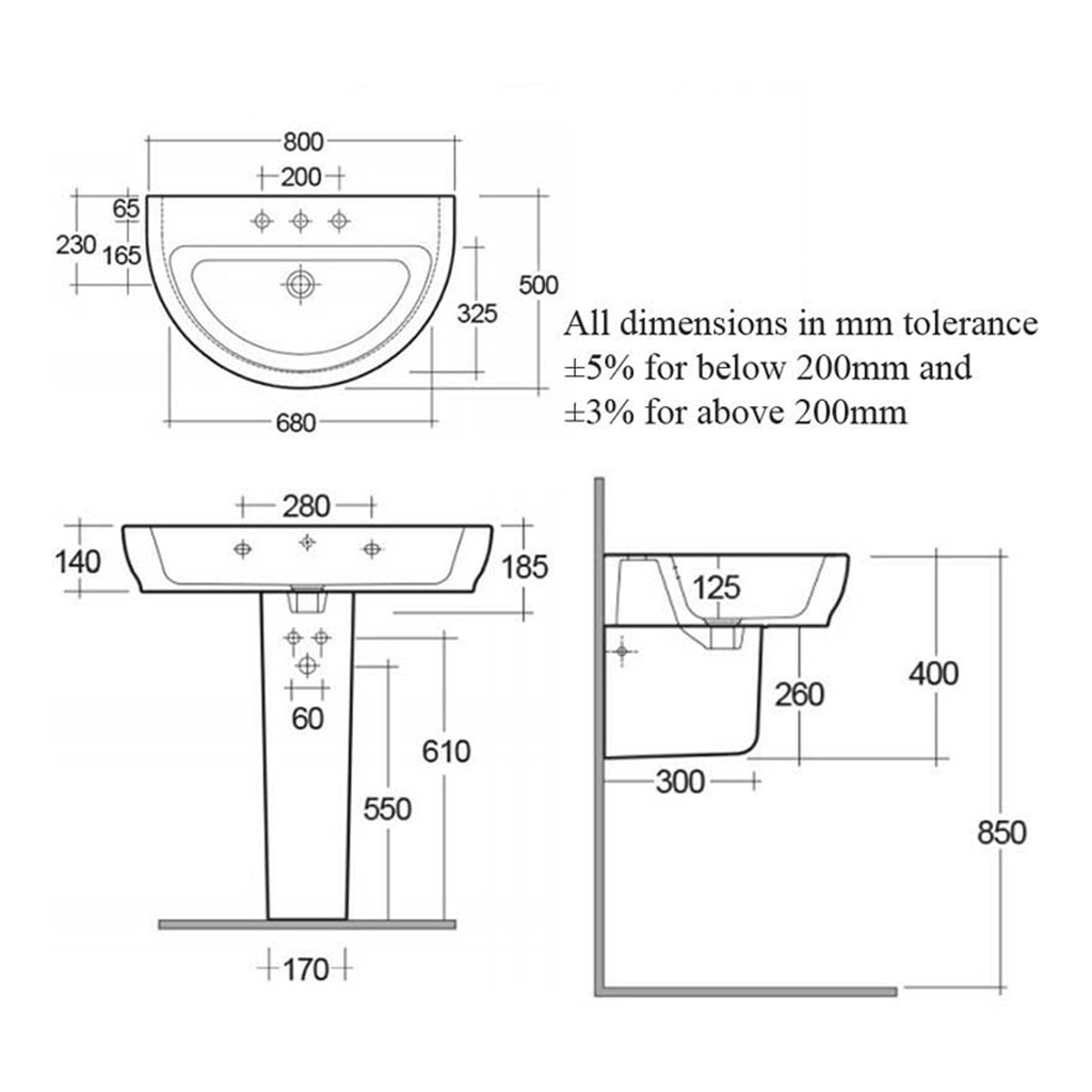 RAK Moon Basin With Semi Pedestal - 800mm Wide - 1 TH - Alpine White