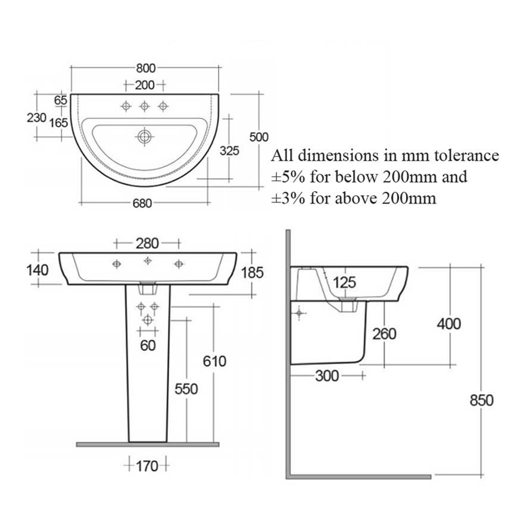 RAK Moon Basin With Semi Pedestal - 800mm Wide - 1 TH - Alpine White