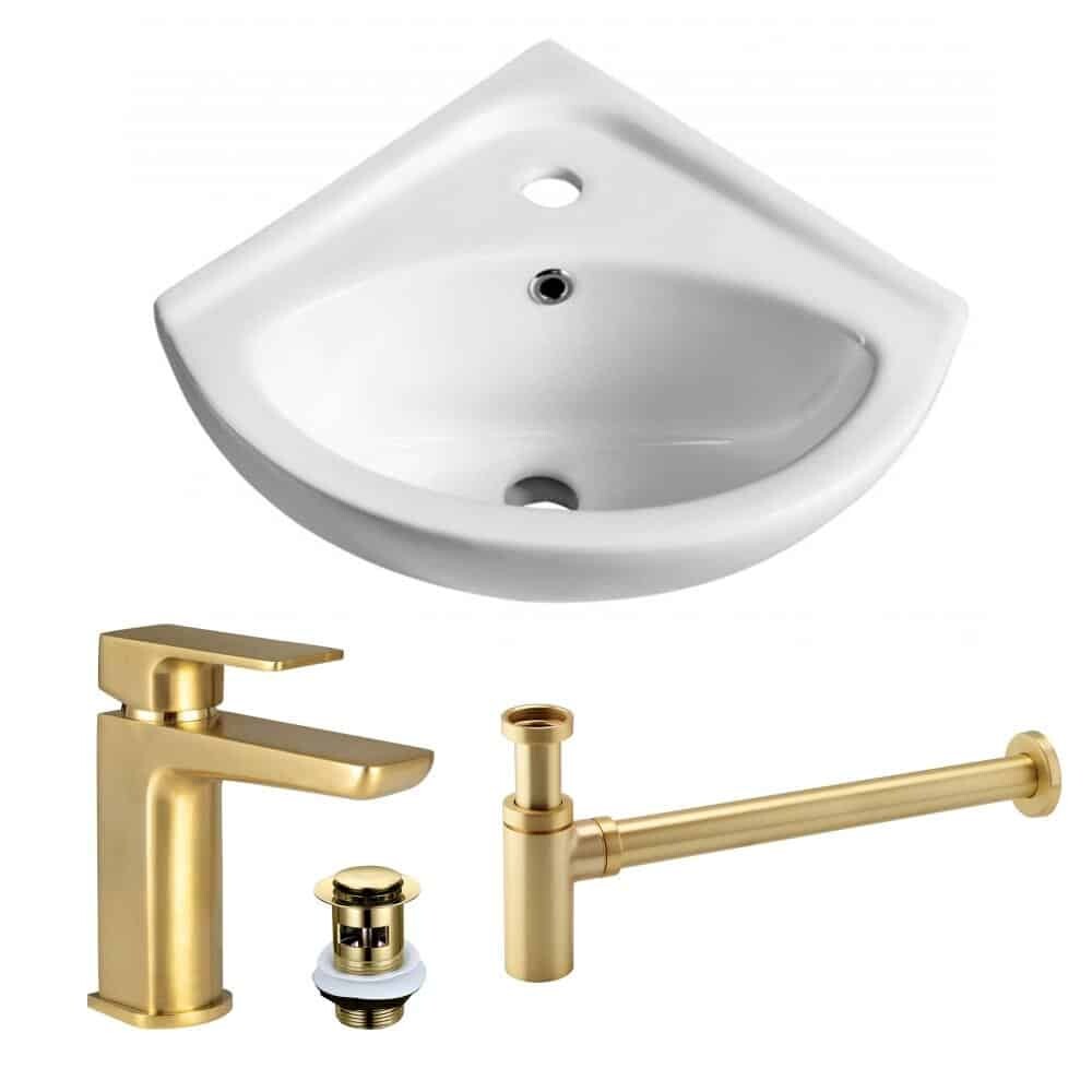 Wall Hung Corner Basin & Brushed Brass Basin Tap, Waste & Bottle Trap-0