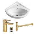 Wall Hung Corner Basin & Brushed Brass Basin Tap, Waste & Bottle Trap-0