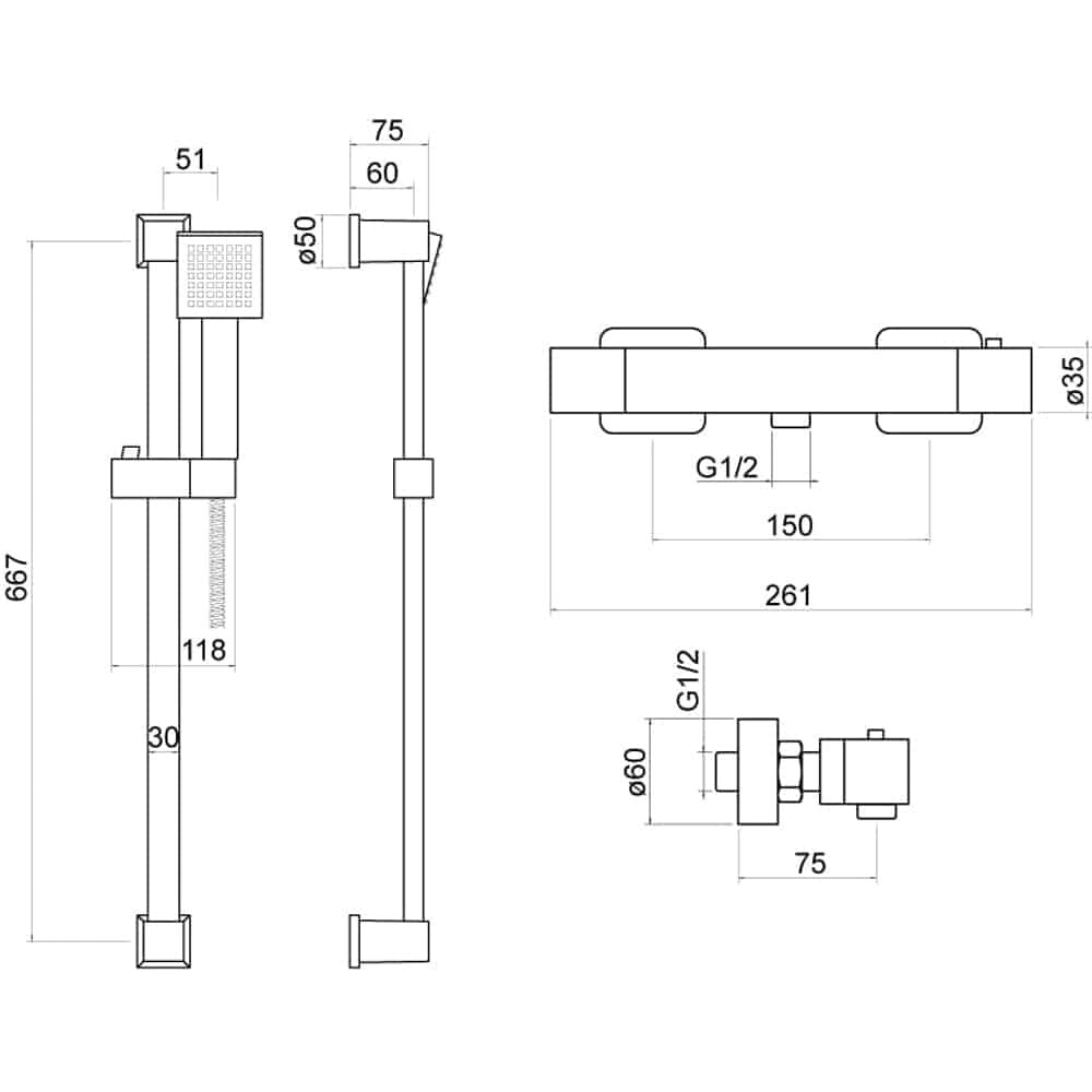 Black Square Exposed Wall Thermostatic Bar Shower Mixer with Riser Kit-14436