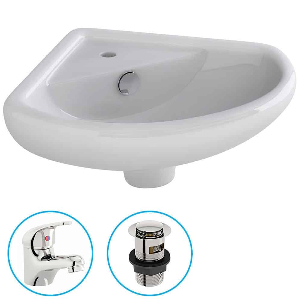Bathroom Cloakroom Ceramic Compact Corner Small Wash Basin Sink Inc Tap & Waste-0