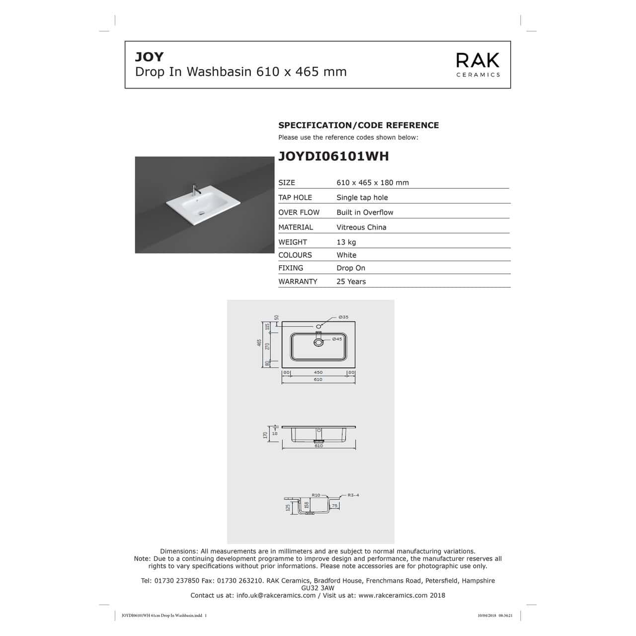 RAK Joy Inset Basin - 610mm Wide - 1 TH - White