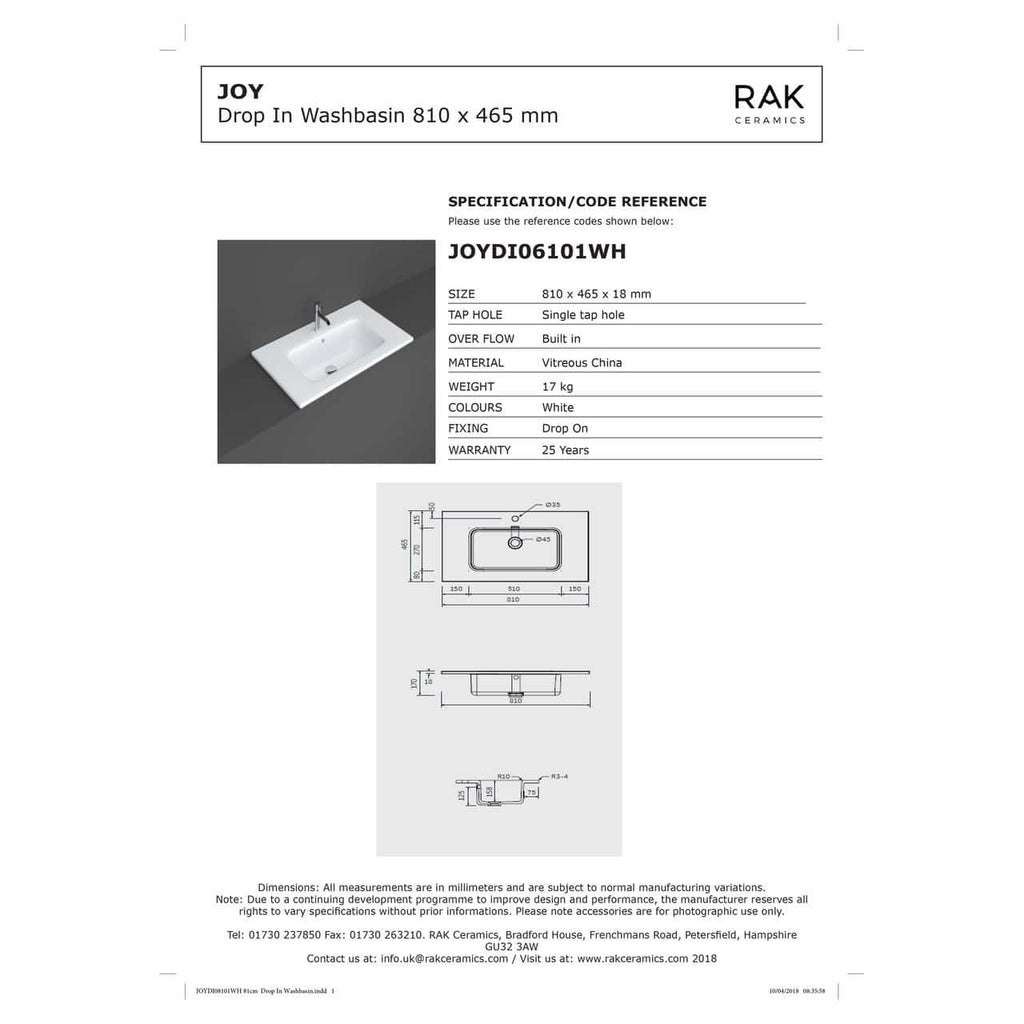 RAK Joy Inset Basin - 810mm Wide - 1 TH - White