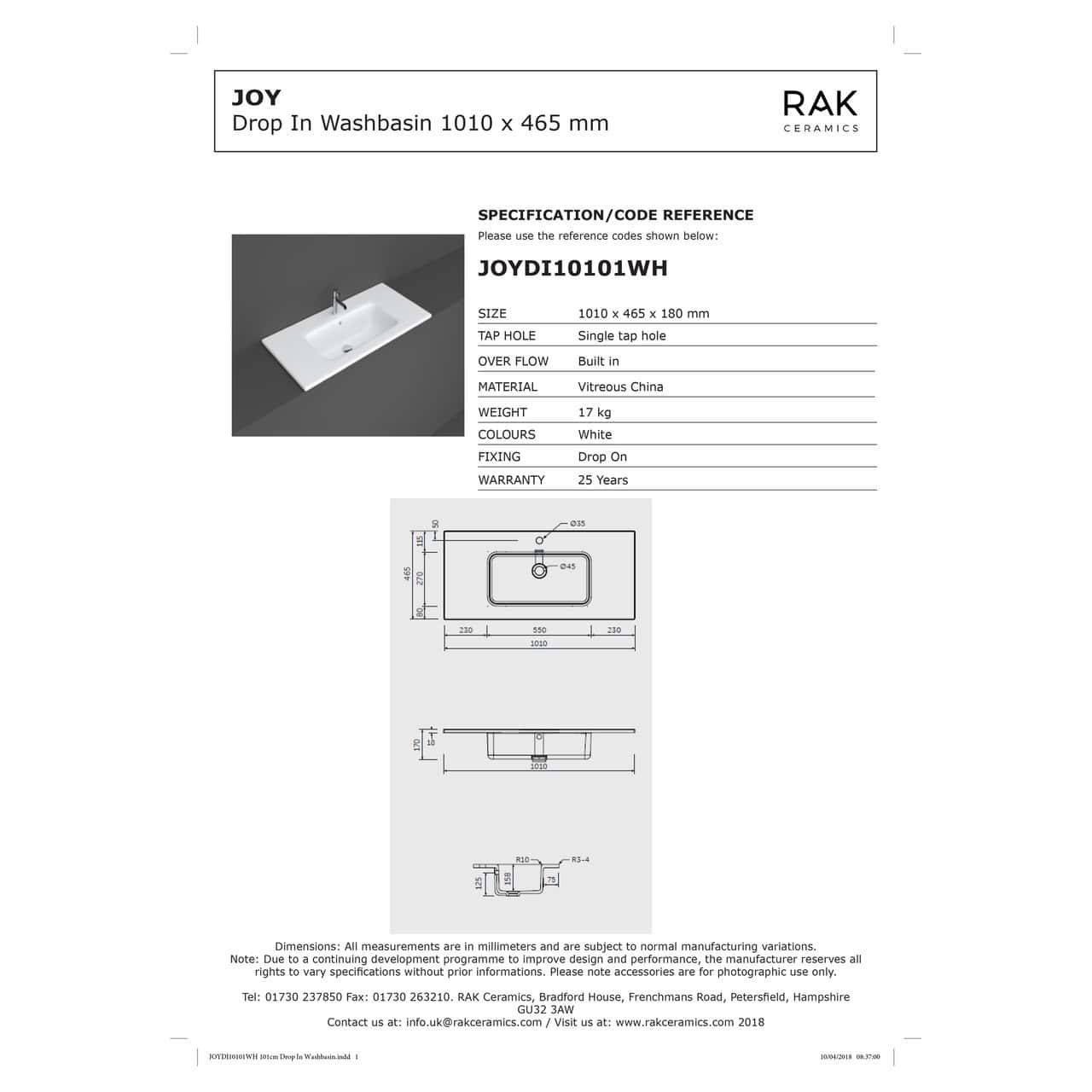 RAK Joy Inset Basin - 1010mm Wide - 1 TH - White