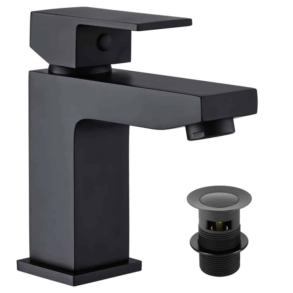 Matt Black Square Modern Bathroom Basin Sink Mixer Tap & Waste (FORM) LARGE-0