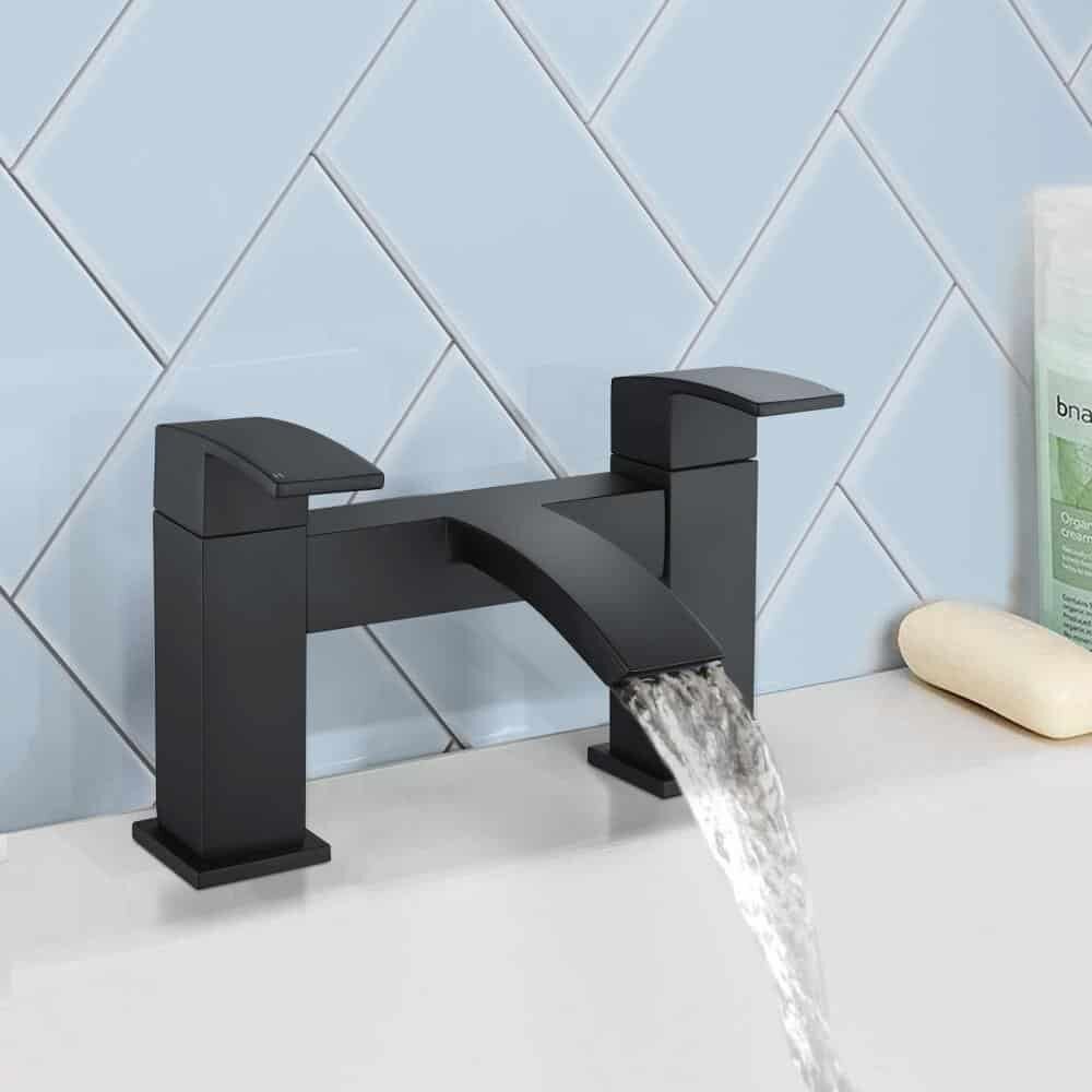Black Matt Waterfall Basin & Bath Filler Tap Lever Square Deck Mounted Modern-14845