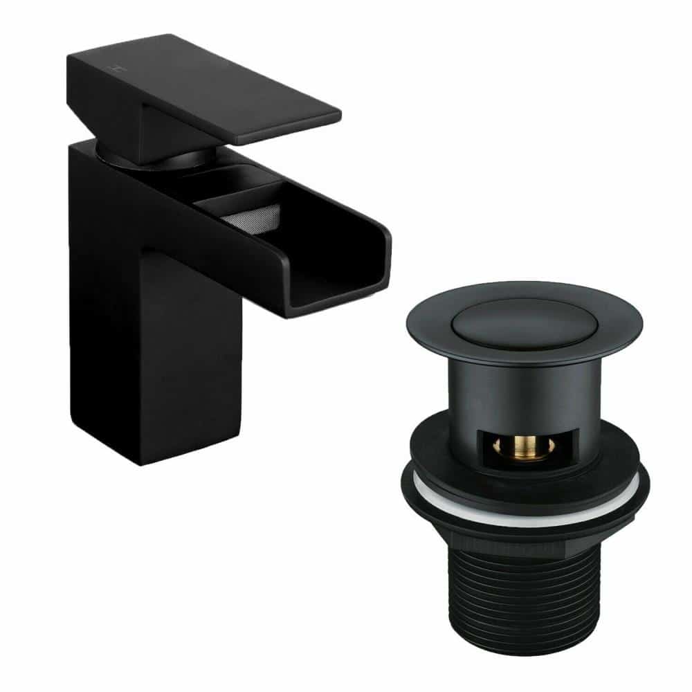 Waterfall Basin Mixer Tap MATT BLACK Including Basin Clicker Waste-11466