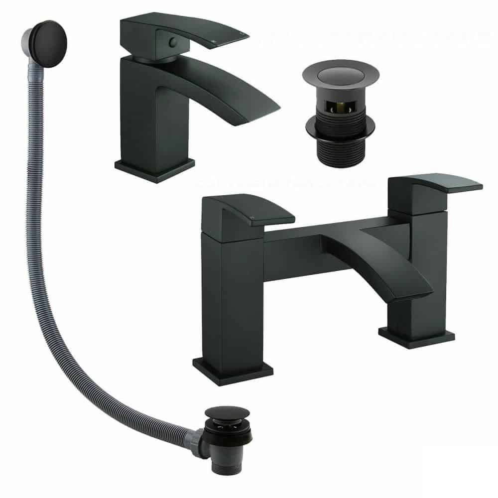 Bathroom Modern Matt Black LUCIA Waterfall Bath Filler/Basin Mixer & Wastes Set-0