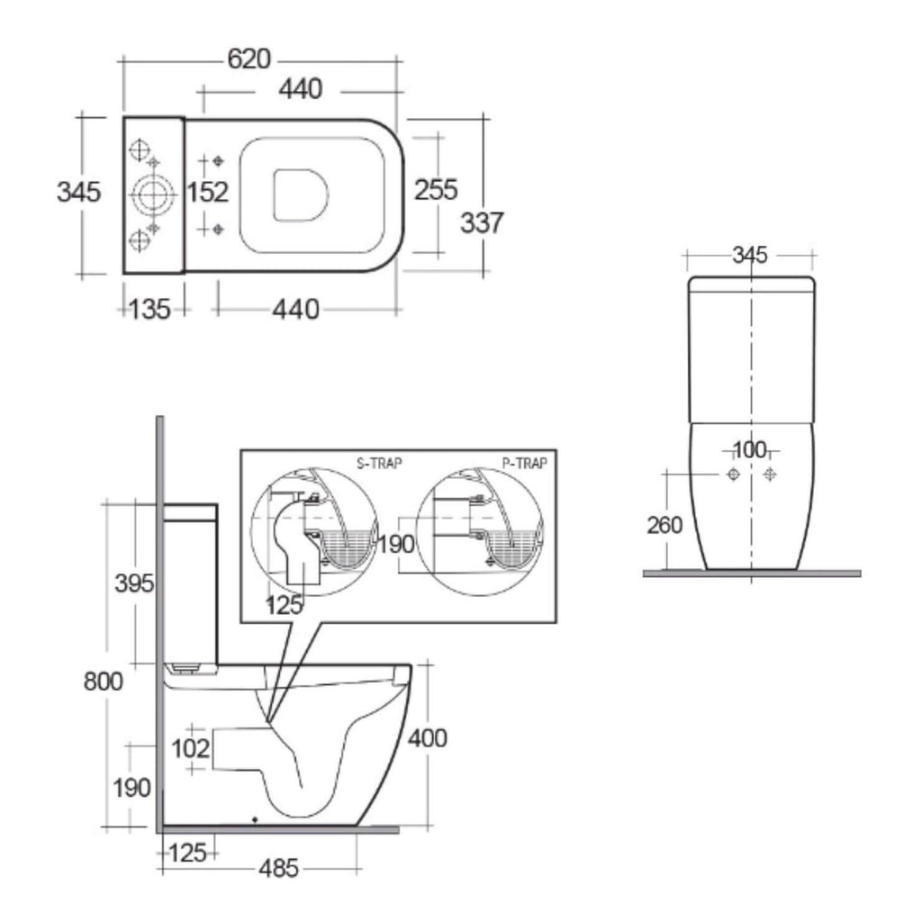 RAK Metropolitan Back to Wall Close Coupled Toilet With Cistern And Soft Close Seat - White