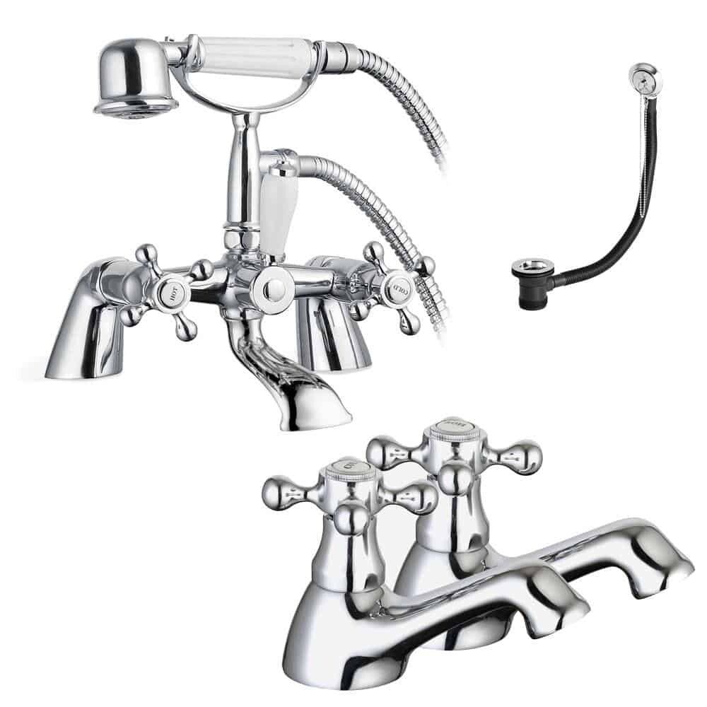 Sterling Traditional Bath Shower Mixer & Basin Tap Pack Hot & Cold Pair Inc. Bath Waste - Chrome-0