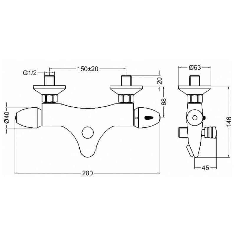 Thermostatic Bath Shower Mixer Tap Wall Mounted - Chrome -11565