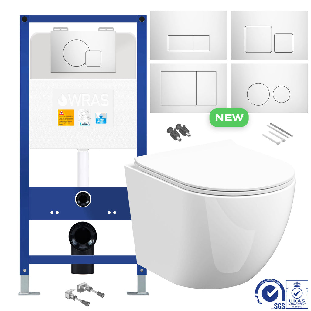 Rimless Wall Hung Toilet Pan &amp; Seat with 1.10m Concealed Cistern Frame WC Unit - Chrome