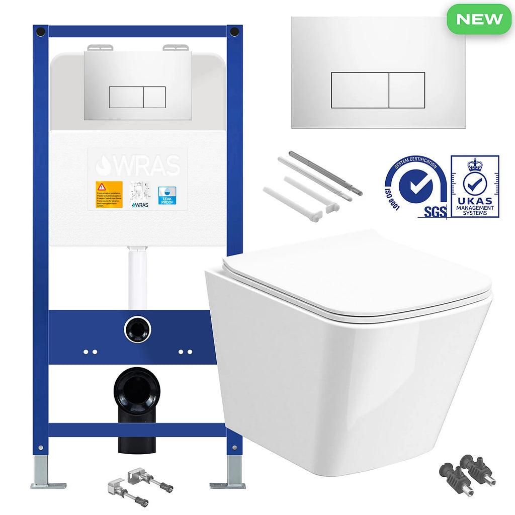 Square Rimless Wall-Hung Toilet Set with Concealed Cistern - Chrome Flush Plate
